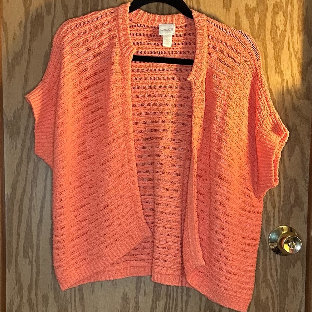 Chico’s cardigan cap sleeve. Spring sweater. Coral. Size 2 medium/large